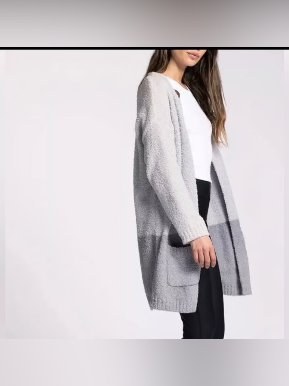 Thread & Supply Cozy Cloud Two-Tone Light and Dark Gray Open Cardigan